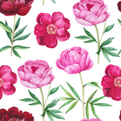 Seamless pattern with realistic peony flowers. Watercolor botanical illustration, colorful print for design.