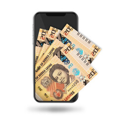 3d Illustration of 20 Sierra Leonean Leone notes inside mobile phone