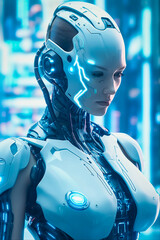 Cyborg android, humanoid robot in a futuristic and sci-fi environment, artificial intelligence awakening
