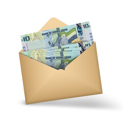 Sierra Leonean Leone notes inside an open brown envelope. 3D illustration of money in an open envelope