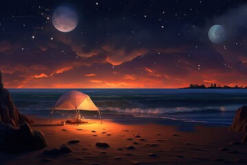 Fototapeta na wymiar Peaceful Beach Scene Under Stars - Serene Dream Symbol - AI Generated