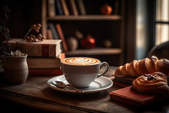 a cup of coffee and some croises on a wooden table in front of a book shelf with books