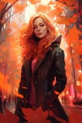 Fototapeta premium A beautiful woman in the city in autumn with leaves swirling around her. 