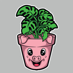 artwork illustrator and T shirt design cute character pig plant pot