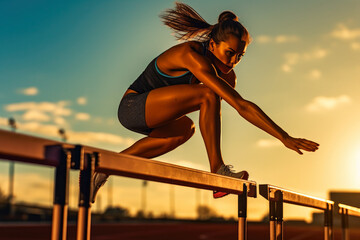 Young woman jumping over obstacles on an athletics track, Generative AI - obrazy, fototapety, plakaty