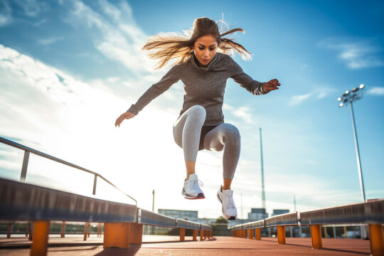 Young woman jumping over obstacles on an athletics track, Generative AI