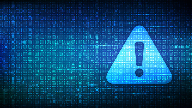 Attention symbol made with binary code. Danger Sign. Virus Alert. Digital binary data and streaming digital code background. Computer Hacked Error Concept. Hacking Piracy Risk. Vector Illustration.