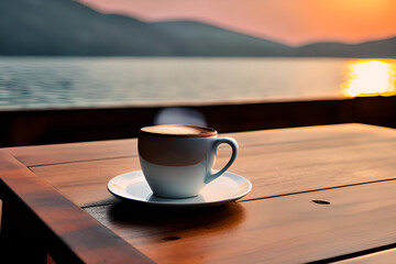Relaxing with a cup of coffee by the water.  