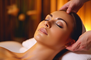 Obraz na płótnie Canvas Young beautiful girl having face massage relaxing in spa salon. Generative ai