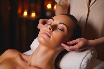 Obraz na płótnie Canvas Young beautiful girl having face massage relaxing in spa salon. Generative ai