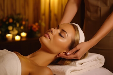 Fototapeta na wymiar Young beautiful girl having face massage relaxing in spa salon. Generative ai