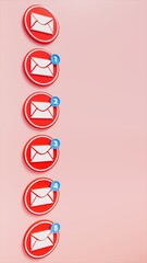 Red message icons with blue alerts, social media and communication theme, 3d rendering, vertical