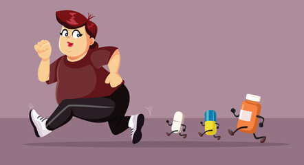 Obese Person Running Away from Pills and Health Problems Concept Illustration. Woman suffering from obesity related diseases scared of treatment 