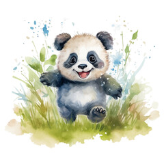 Cute baby panda cartoon in watercolor painting style