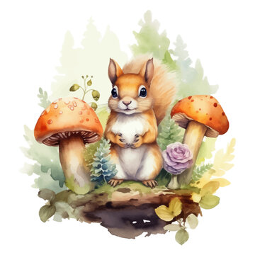 Cute squirrel cartoon in watercolor painting style