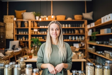 Portrait of young woman owner over interior of Zero Waste Shop in Grocery Store. No plastic Conscious Minimalism. Generative ai