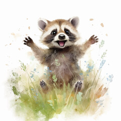 Cute raccoon cartoon in watercolor painting style