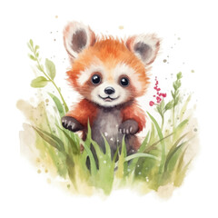 Fototapeta premium Cute baby red panda cartoon in watercolor painting style