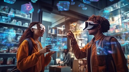 Obraz premium Young woman and man interact while wearing augmented reality glasses