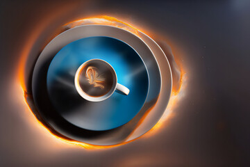 Cup of coffee next to roasted beans in a wonderful place with a touch of fantasy. Generative AI_23.