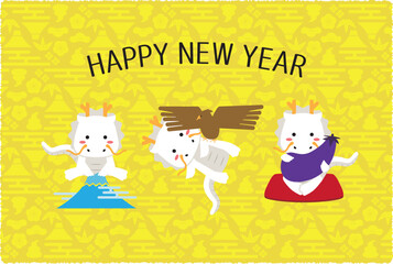 Happy New Year 2024年年賀状素材　白竜初夢　黄色背景
