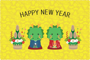 Happy New Year 2024年年賀状素材　竜カップル　黄色背景
