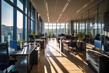 A brightly lit modern office space with premium office furniture