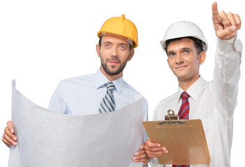 Portrait of Engineers Working with Blueprints