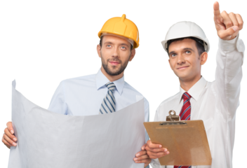 Portrait of Engineers Working with Blueprints