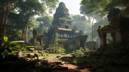Illustration of Cambodian temples in the jungle. Generative AI.  - obrazy, fototapety, plakaty