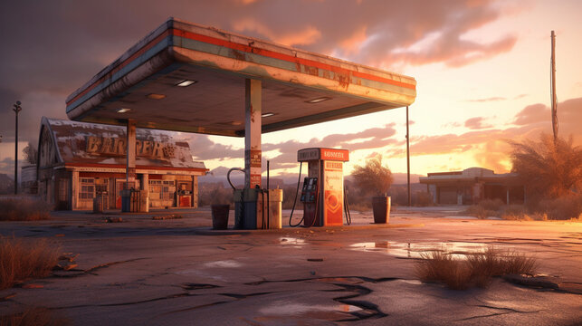 Illustration of an abandoned gas station, route 66 style, generative AI. 
