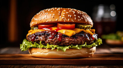 Close-up of homemade beef burger on wooden table cheeseburger with lettuce, onions, pickles, cheddar cheese, gourmet fastfood