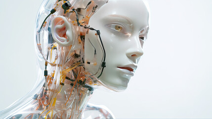 a woman's head and neck with wires attached to the brain, as part of an artificial intelligence system