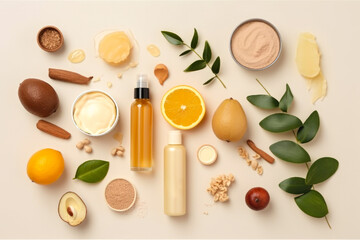 Flat lay beauty skin care ingredients, accessories. Natural beauty products on a light background, top view generative ai - obrazy, fototapety, plakaty