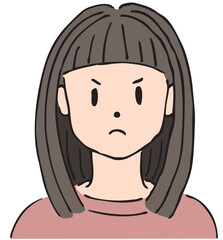 ミディアムヘアの怒り顔の20代から30代の若い女性