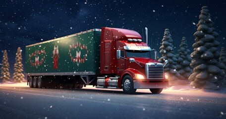 A truck that is decorated for the Christmas holidays drives in the snow during the winter