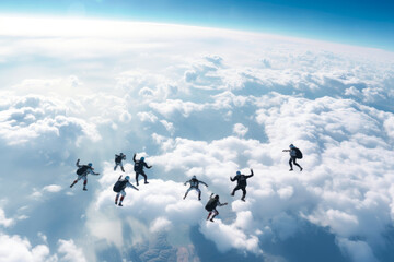 Group of skydivers above the clouds. Generative ai