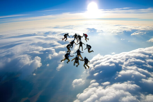 Group of skydivers above the clouds. Generative ai