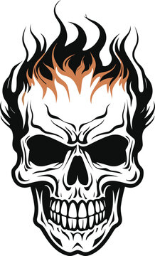 Burning human skull, Skull on Fire, tattoo, Logo template, black and white vector illustration isolated on white background