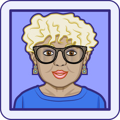 Avatar profile pic of mature woman with medium-dark skin tone, white-blond short curly hair, glasses and earrings. Vector illustration.