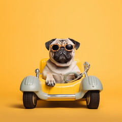 A dog driving a toy car, wearing sunglasses, Generative Ai