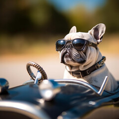 A dog driving a toy car, wearing sunglasses, Generative Ai