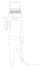 One continuous line of Man with Laptop head pointing with finger. Thin Line Illustration vector concept. Contour Drawing Creative ideas.