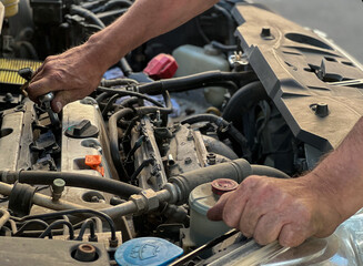 Auto mechanic repair, changing car engine, doing technician checkup, service 