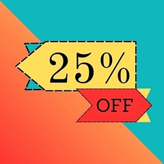 25% off, twenty five percent off, discount, orange and blue, yellow background, percentage