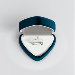 3D render design platinum diamond ring in open blue velvet jewelry box on white background, studio concept in jewelry store. heart shape diamond