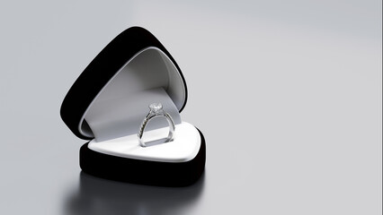 Platinum diamond ring with 3D render design, housed in an open black velvet jewelry box on white...
