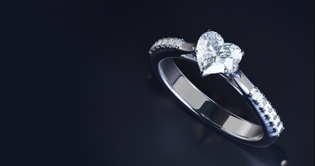3d render platinum diamond ring design on black background. The concept of a studio in a jewelry store. heart shape diamond