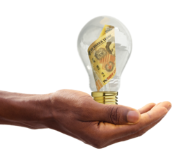Black Hand holding 3d rendered Sierra Leonean Leone note inside transparent light bulb, creative thinking. Making money by solving problem. Having idea concept
