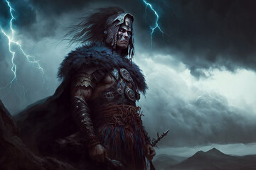 Obraz premium medieval asian armed male Kazakh warrior in traditional armor on top of mountain. Generative AI